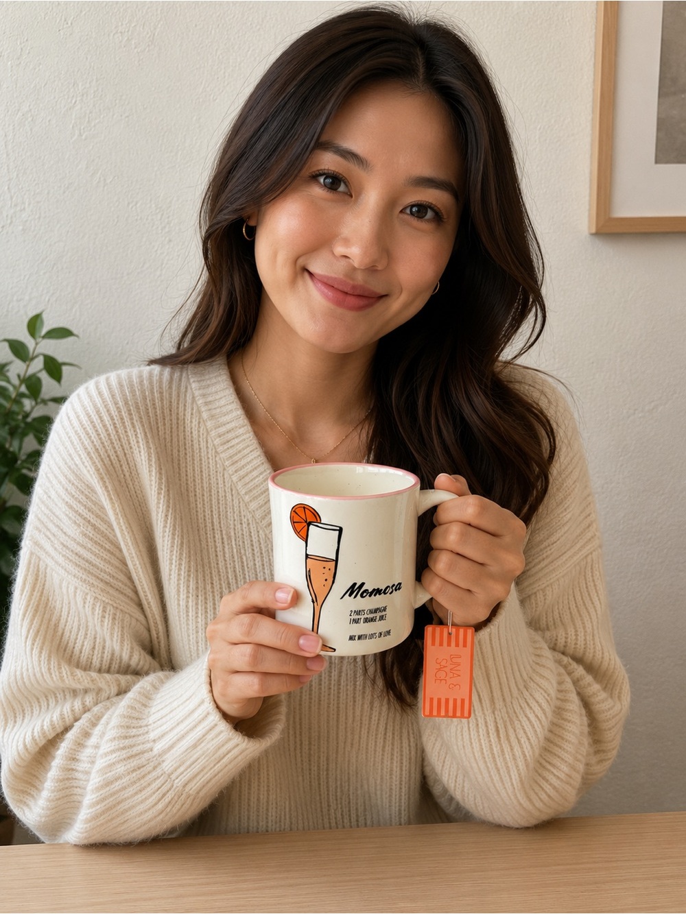 Sage Cream Ceramic Mug with Orange Rim and Orange Mimosa Graphic
